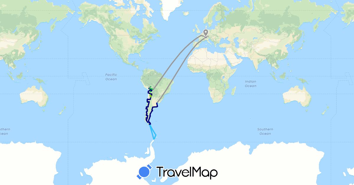 TravelMap itinerary: driving, bus, plane, boat, electric vehicle in Argentina, Bolivia, Switzerland, Chile, Germany, Spain, France, Peru, Uruguay (Europe, South America)